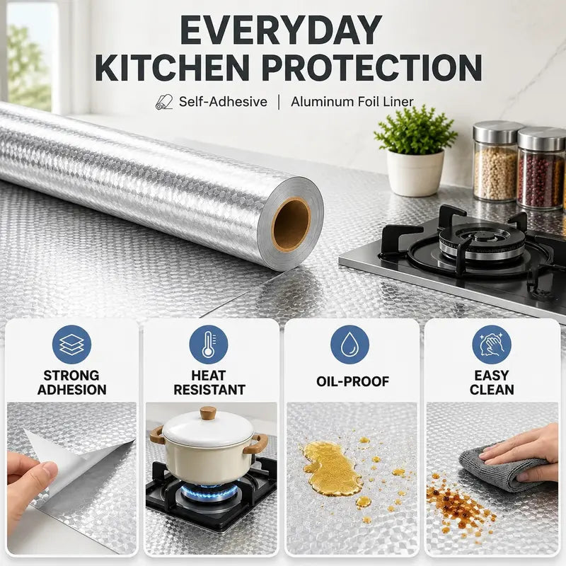 Self-Adhesive Aluminum Foil Kitchen Backsplash & Shelf Liner Paper