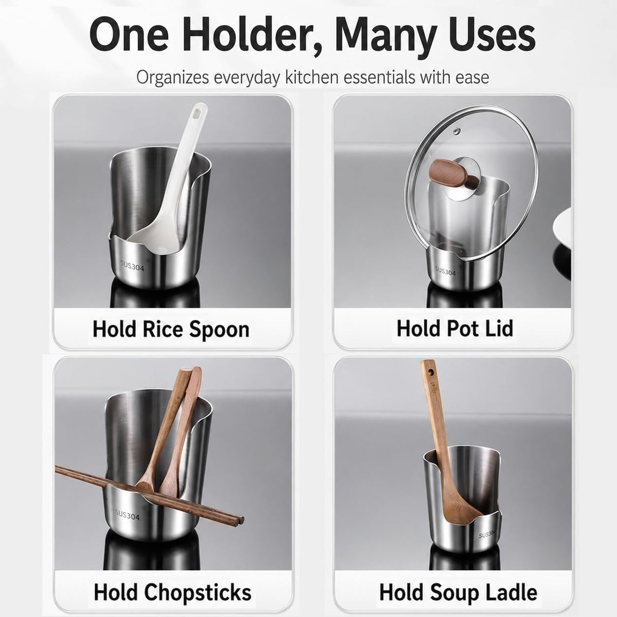 304 Stainless Steel Countertop Utensil Holder & Multi-Purpose Cutting Board Stand