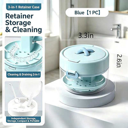 3-in-1 Portable Retainer & Denture Cleaner Case with Auto-Lifting Strainer