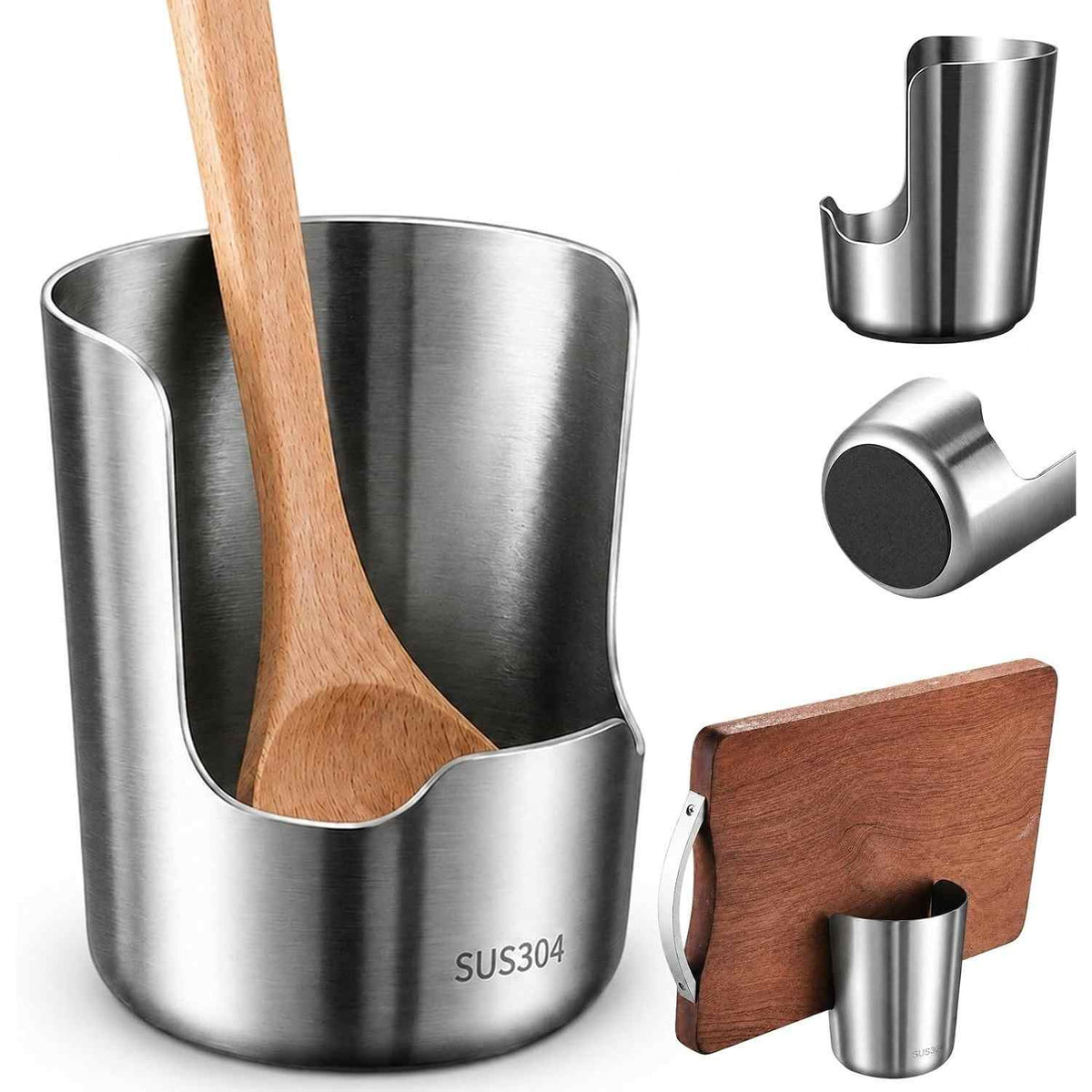 304 Stainless Steel Countertop Utensil Holder & Multi-Purpose Cutting Board Stand