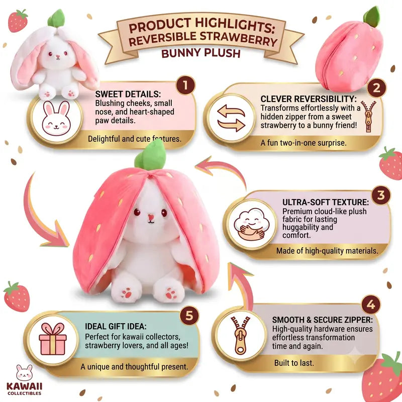 Reversible Strawberry Bunny Plushie: Hide & Seek Soft Companion