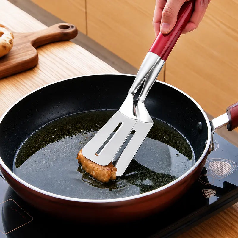 2-in-1 Stainless Steel Spatula Tongs: Grip, Flip & Drain Without Food Slipping