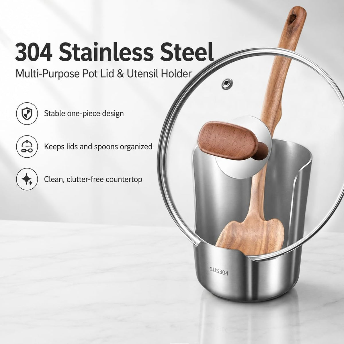 304 Stainless Steel Countertop Utensil Holder & Multi-Purpose Cutting Board Stand