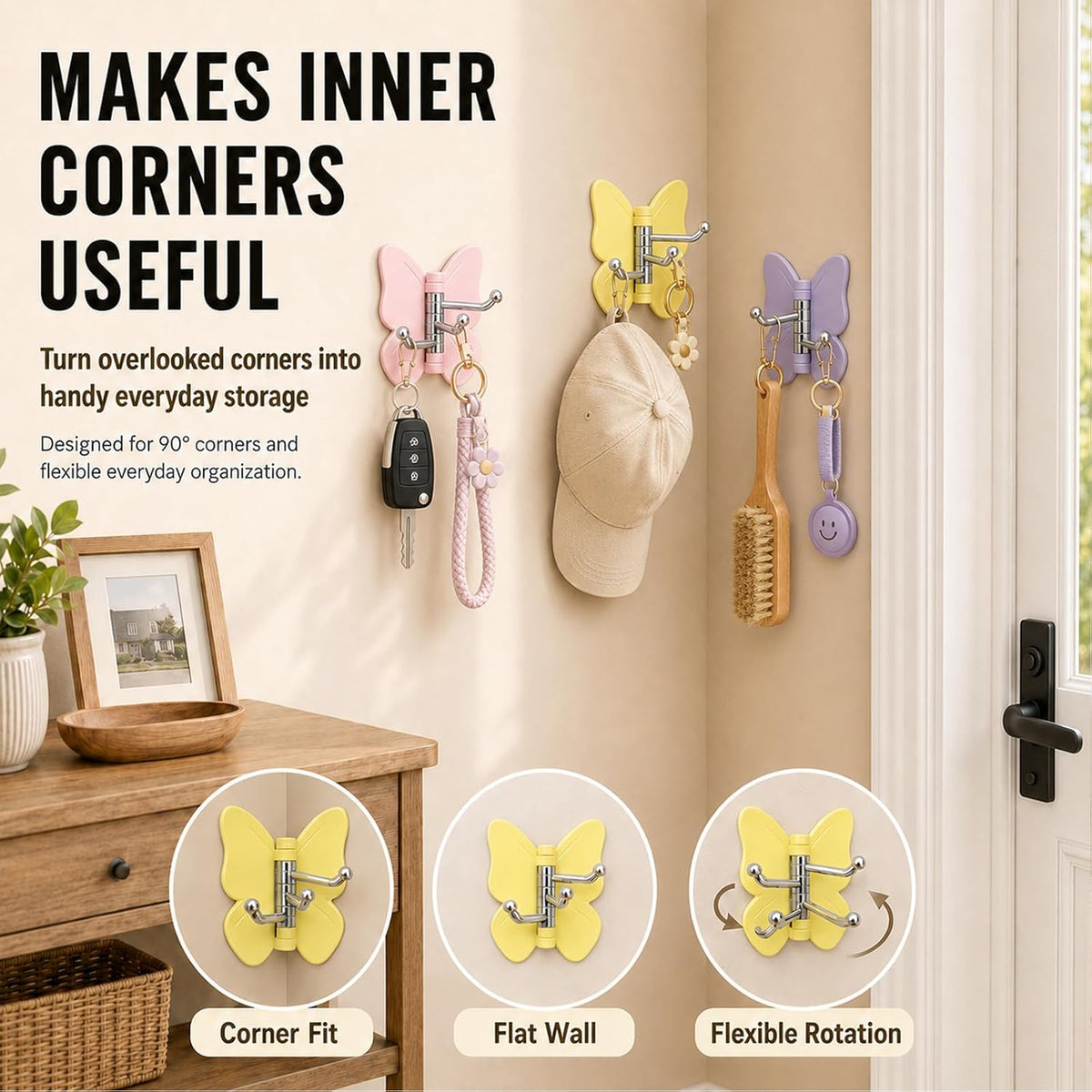 Rotating Butterfly Adhesive Wall Hooks: 3-Prong Swivel Storage Without Wall Damage