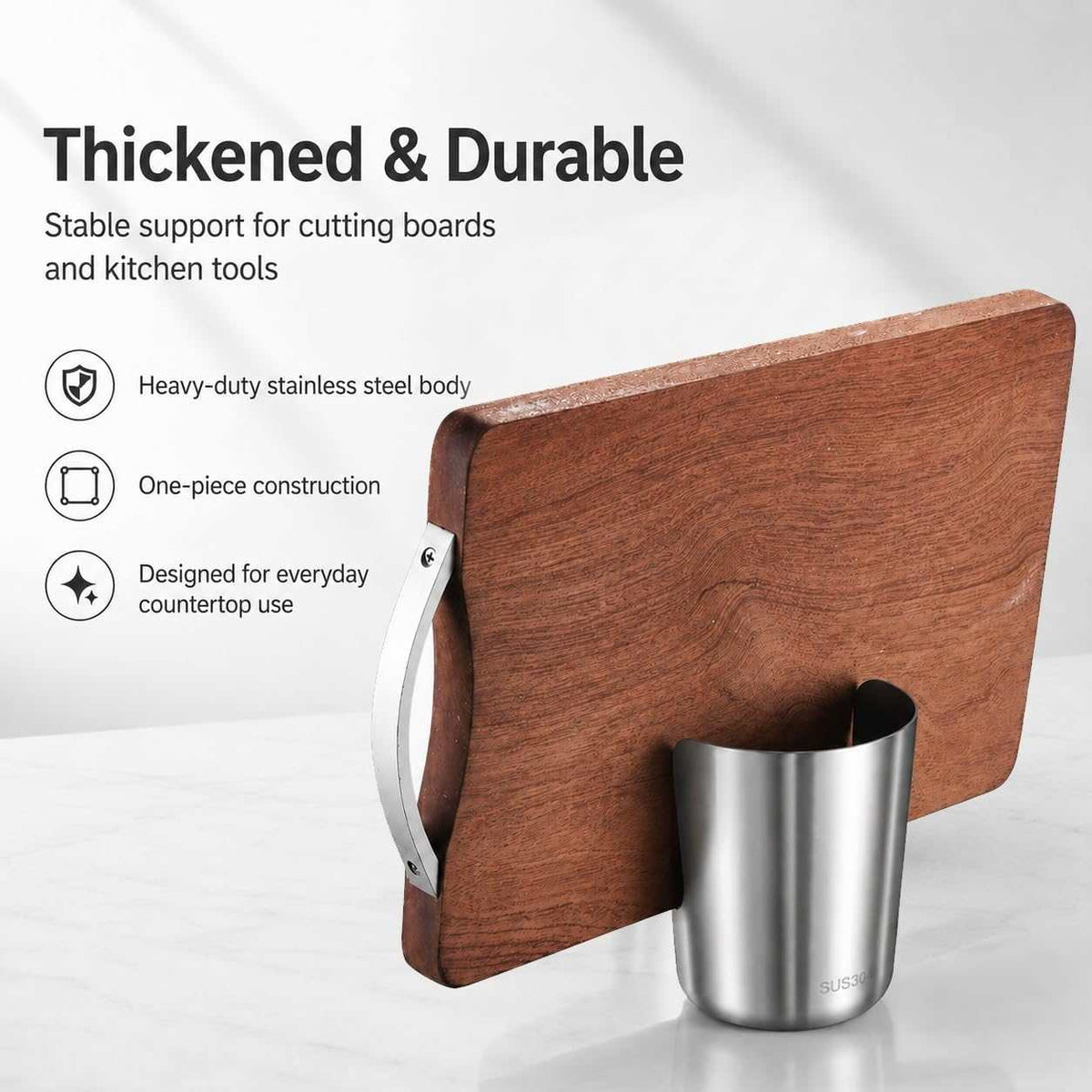 304 Stainless Steel Countertop Utensil Holder & Multi-Purpose Cutting Board Stand