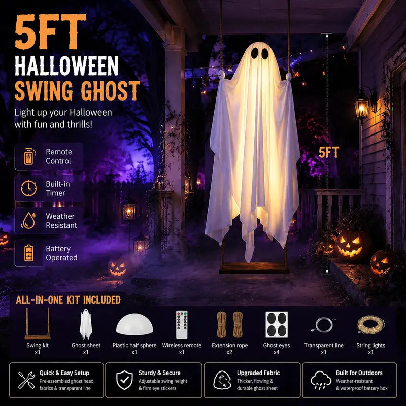 Lighted Halloween Hanging Swing Ghost Outdoor Decor with Remote Control