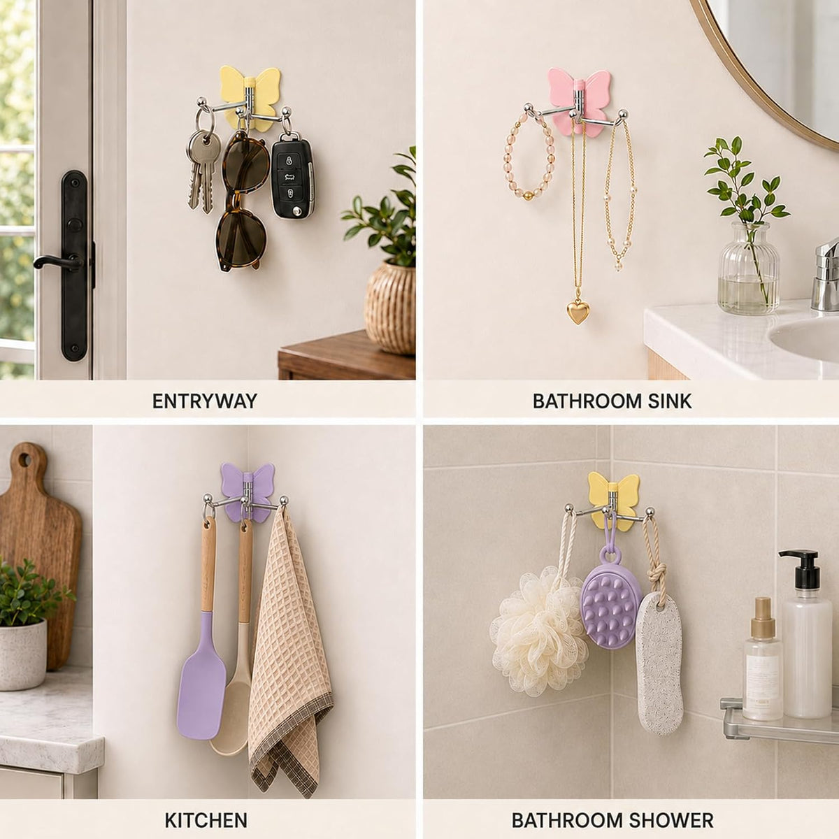 Rotating Butterfly Adhesive Wall Hooks: 3-Prong Swivel Storage Without Wall Damage