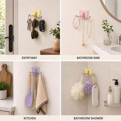 Rotating Butterfly Adhesive Wall Hooks: 3-Prong Swivel Storage Without Wall Damage