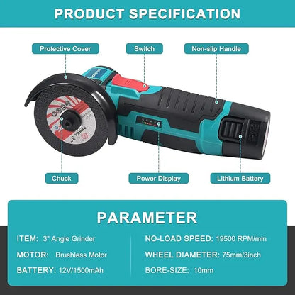 12V Cordless Mini Angle Grinder & Cut-Off Tool Set with 2 Batteries
