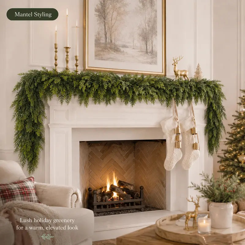 Ultra-Full Real-Touch Cedar Christmas Garland – Lush Winter Greenery for Mantle & Holiday Decor