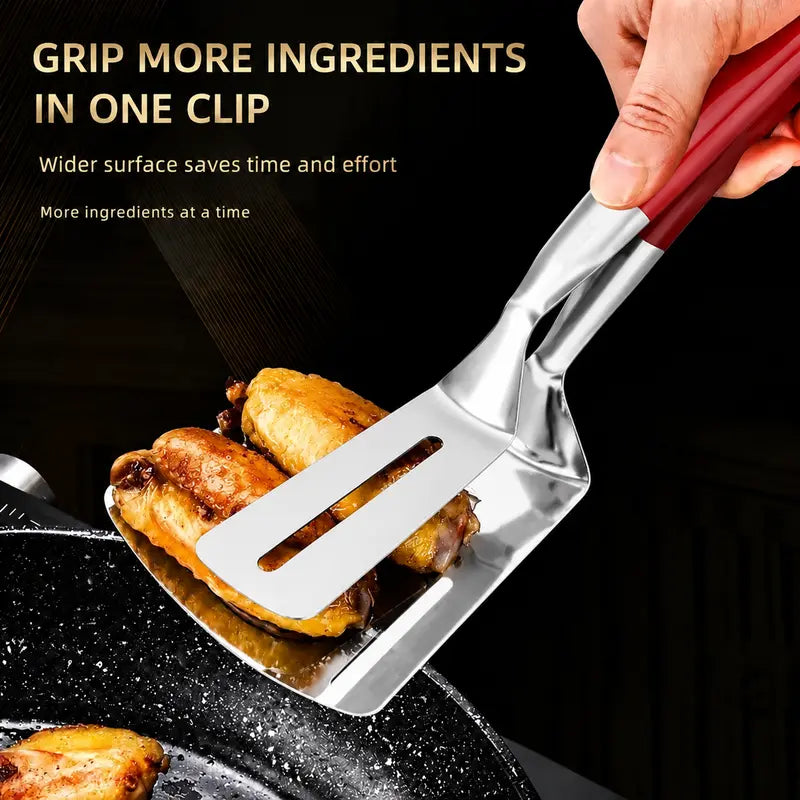 2-in-1 Stainless Steel Spatula Tongs: Grip, Flip & Drain Without Food Slipping