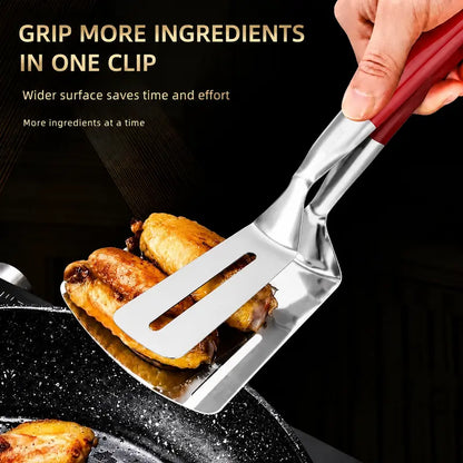 2-in-1 Stainless Steel Spatula Tongs: Grip, Flip & Drain Without Food Slipping