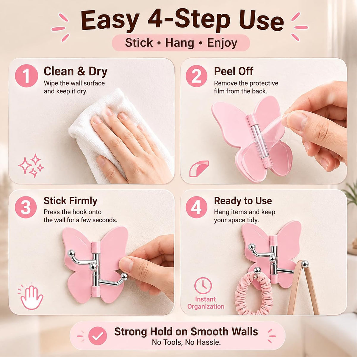 Rotating Butterfly Adhesive Wall Hooks: 3-Prong Swivel Storage Without Wall Damage