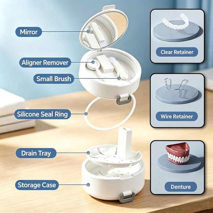 3-in-1 Portable Retainer & Denture Cleaner Case with Auto-Lifting Strainer