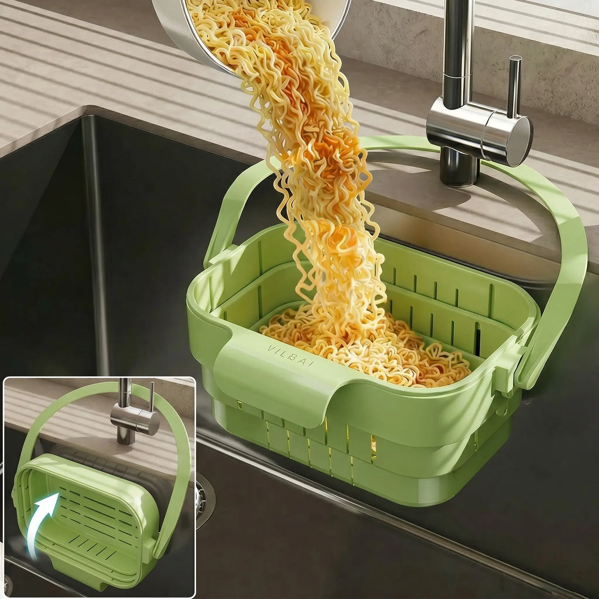 Hands-Free Collapsible Sink Strainer Basket: Fast Draining, Zero Clogs & Clean Hands