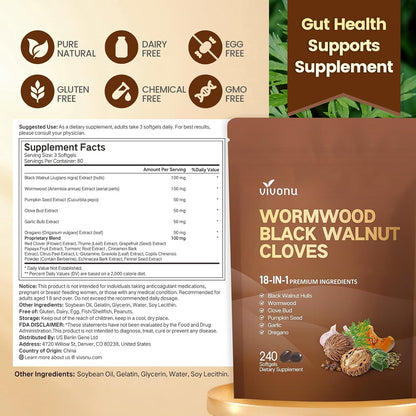 18-in-1 Wormwood Black Walnut & Cloves Softgels – 6600mg Advanced Digestive Cleanse & Gut Health Support