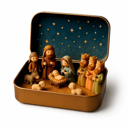 Miniature Nativity Set In A Tin Box