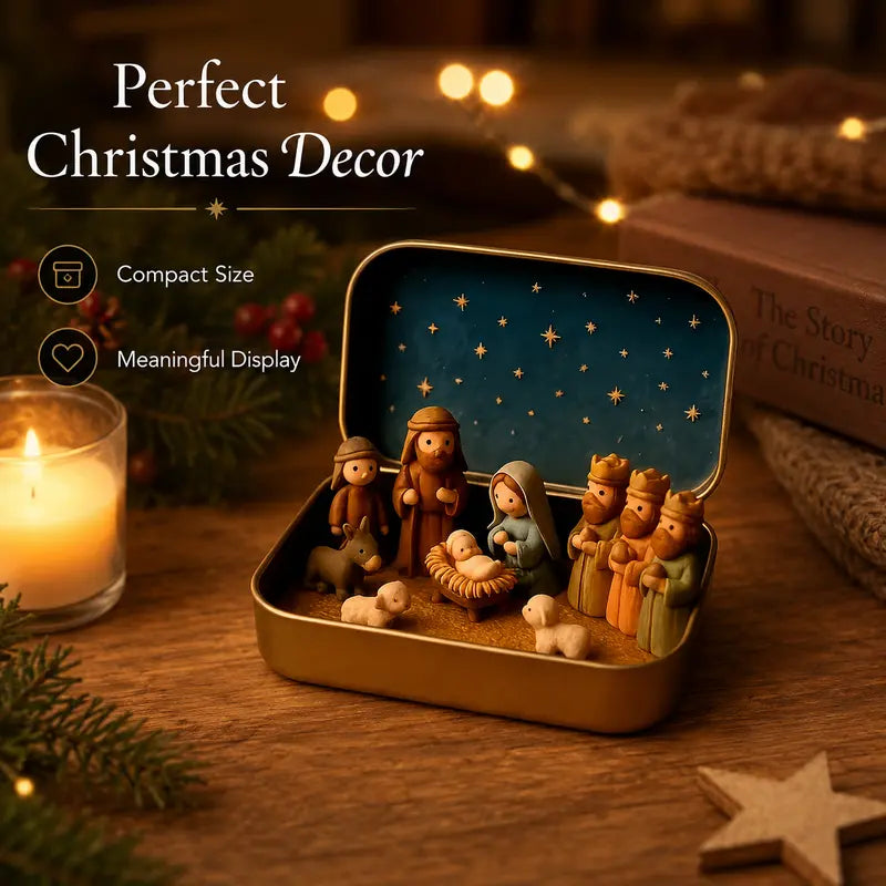 Miniature Nativity Set In A Tin Box